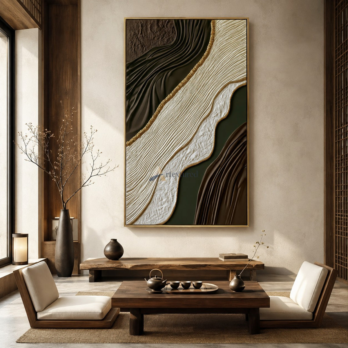 Gilded Earthflow — Hand-Painted Brown and Olive Wabi-Sabi Textured Abstract Wall Art#CI260575