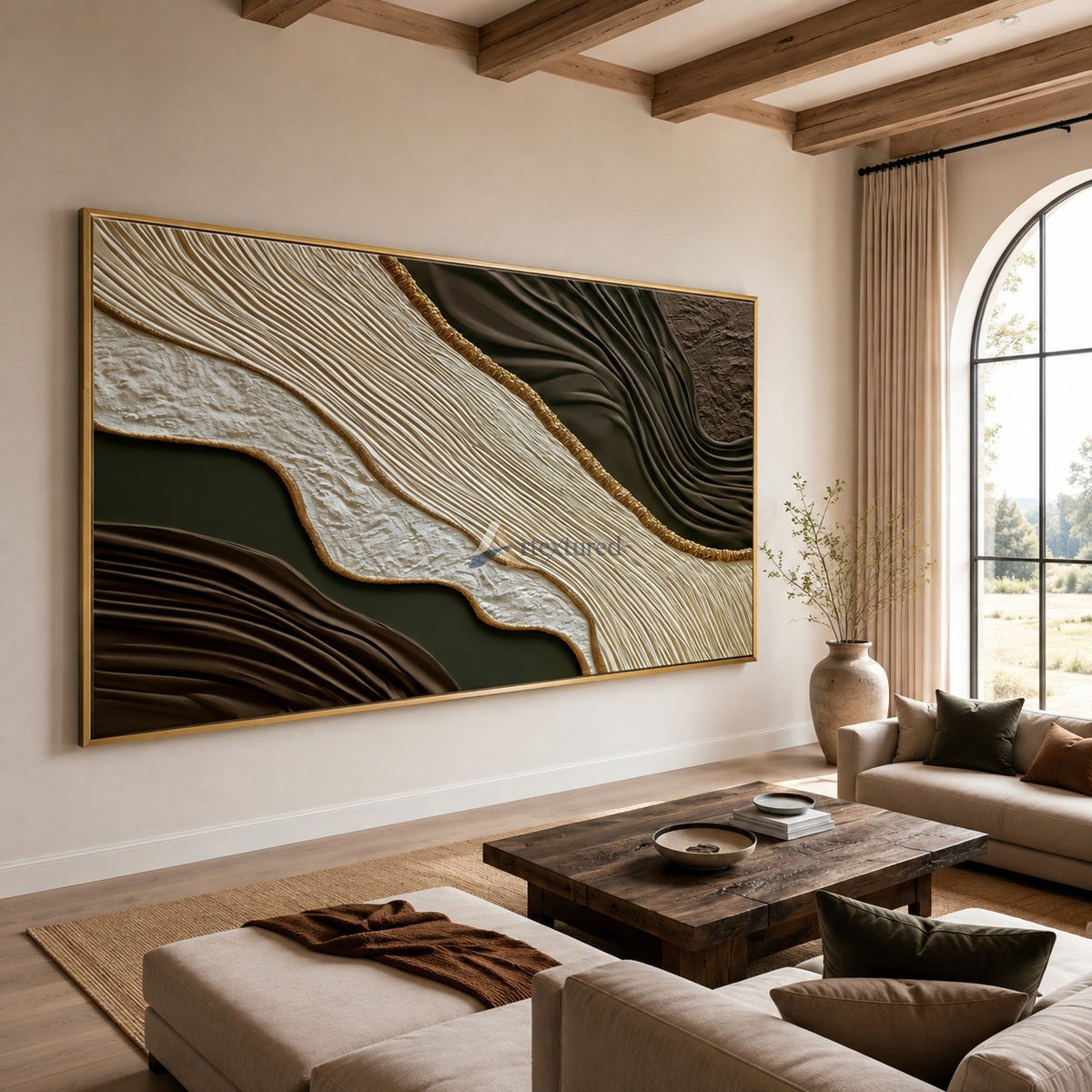 Gilded Earthflow — Hand-Painted Brown and Olive Wabi-Sabi Textured Abstract Wall Art#CI260575