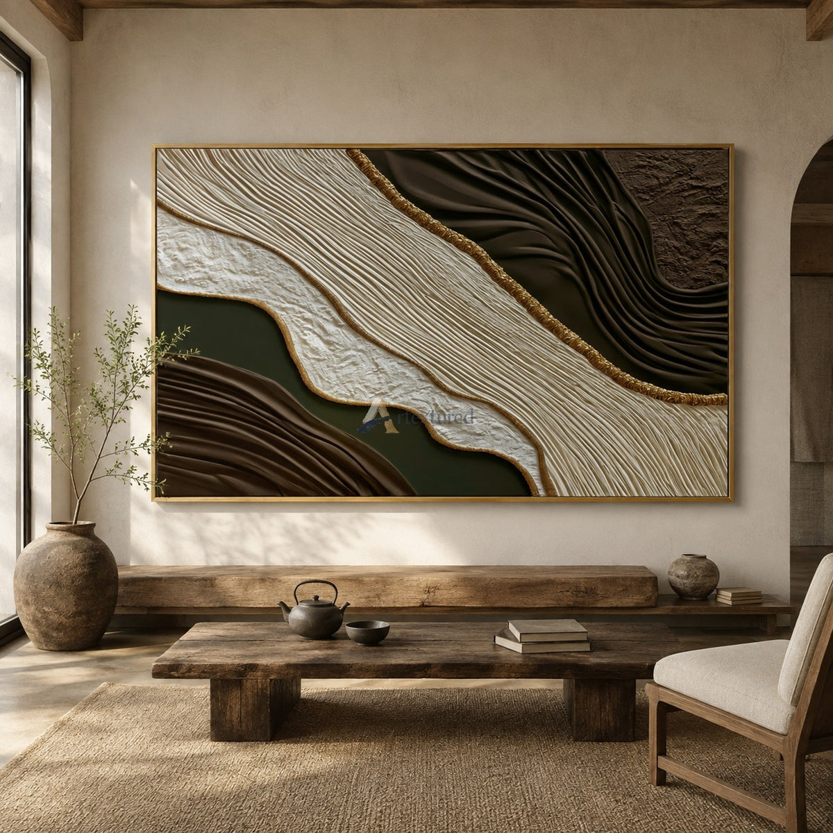Gilded Earthflow — Hand-Painted Brown and Olive Wabi-Sabi Textured Abstract Wall Art#CI260575