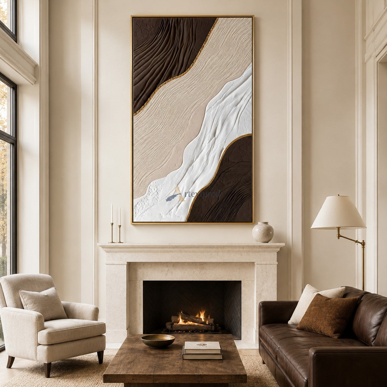 Gilded Canyon — Hand-Painted Brown and Ivory Wabi-Sabi Textured Abstract Wall Art#CI260576