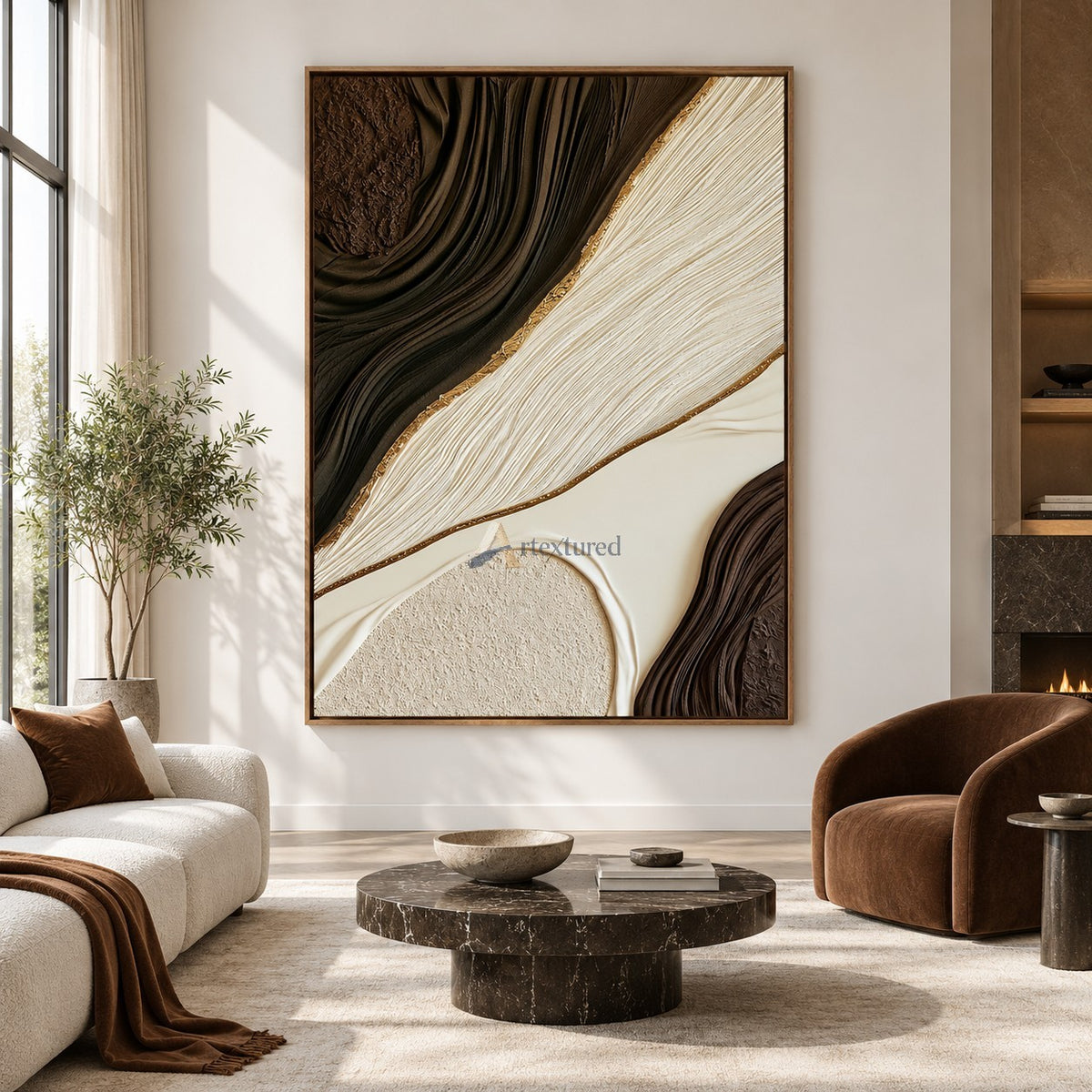 Gilded Strata — Hand-Painted Brown and Ivory Wabi-Sabi Textured Abstract Wall Art#CI260577