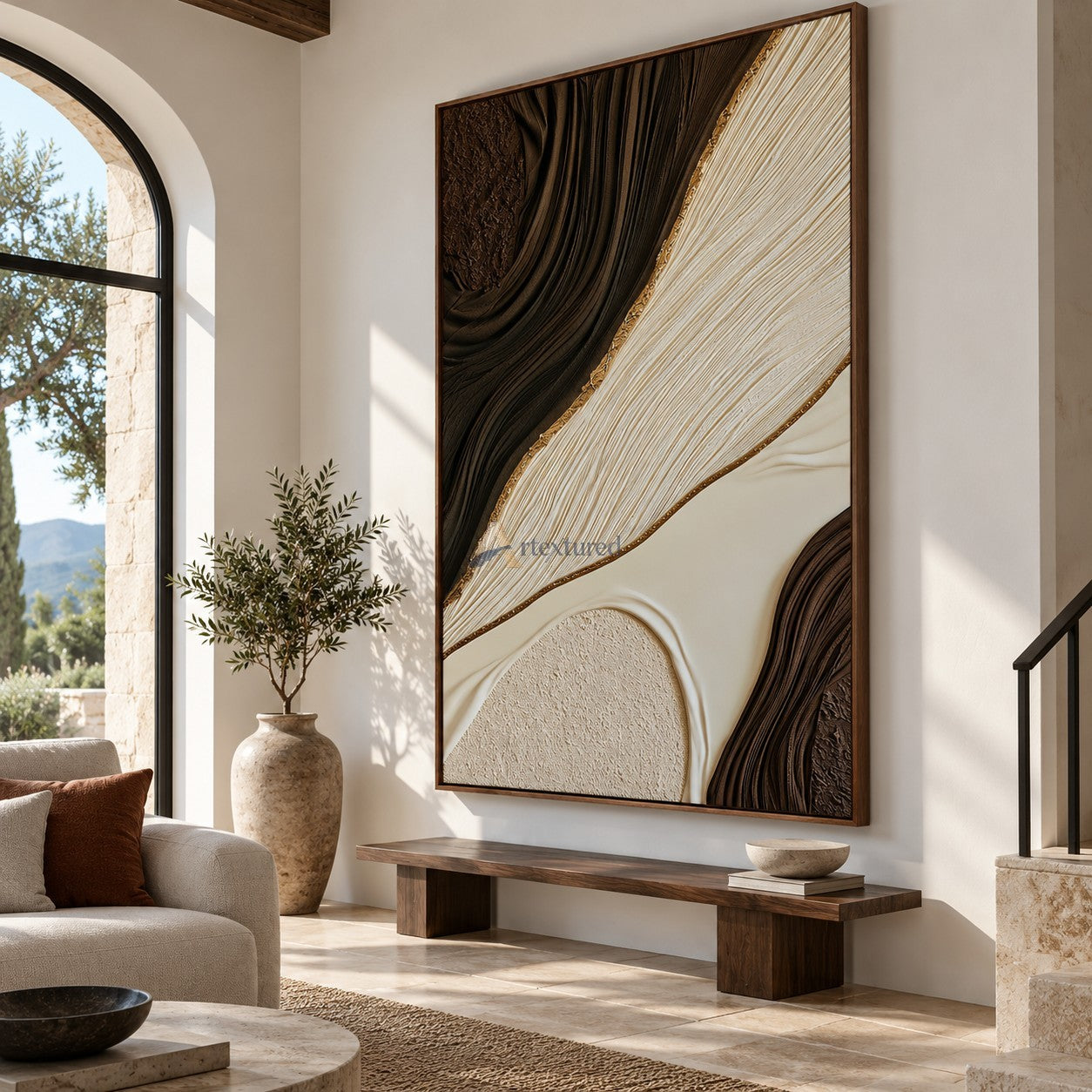 Gilded Strata — Hand-Painted Brown and Ivory Wabi-Sabi Textured Abstract Wall Art#CI260577