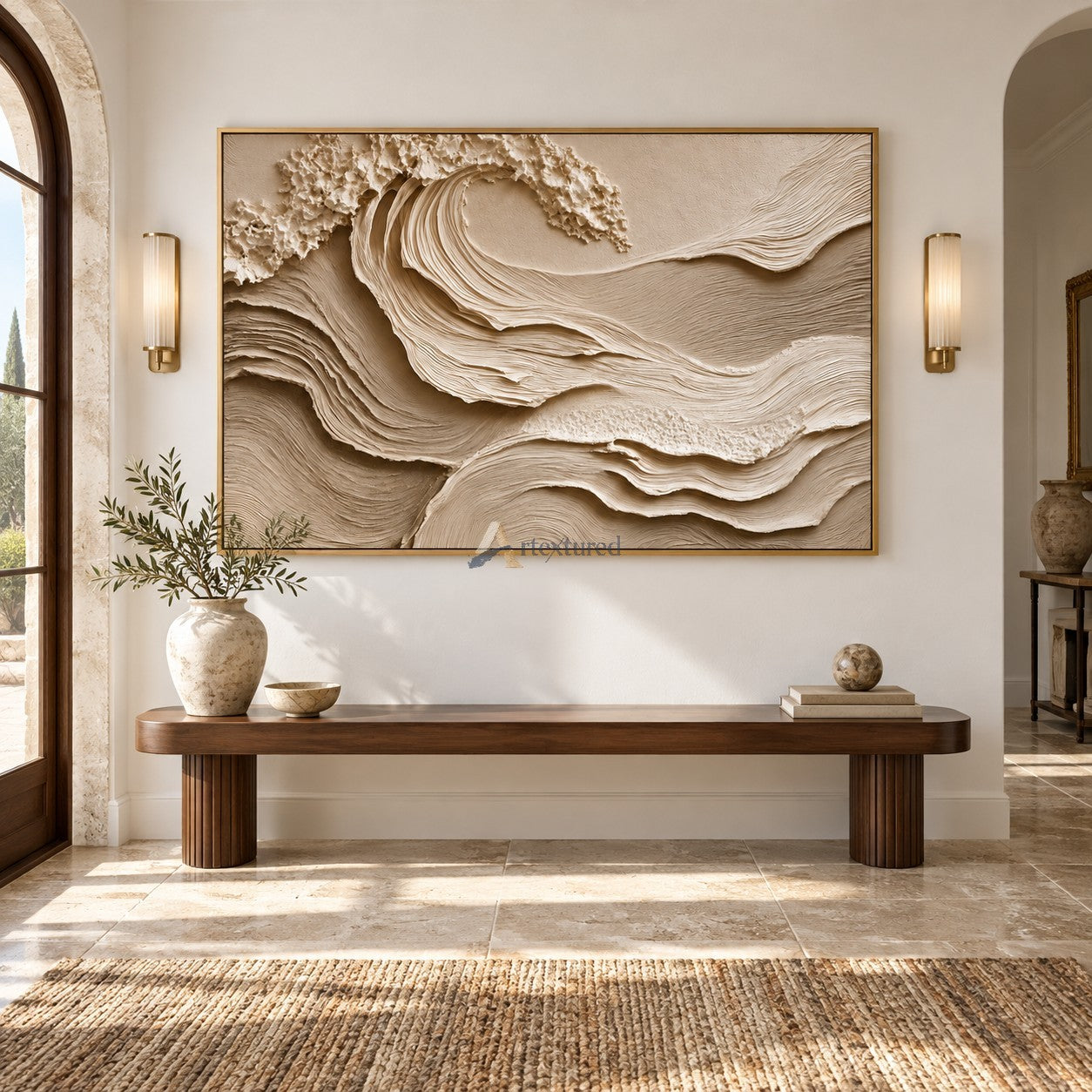Quiet Tide — Hand-Painted Ivory Sculptural Ocean Wave Wall Art#CI260578