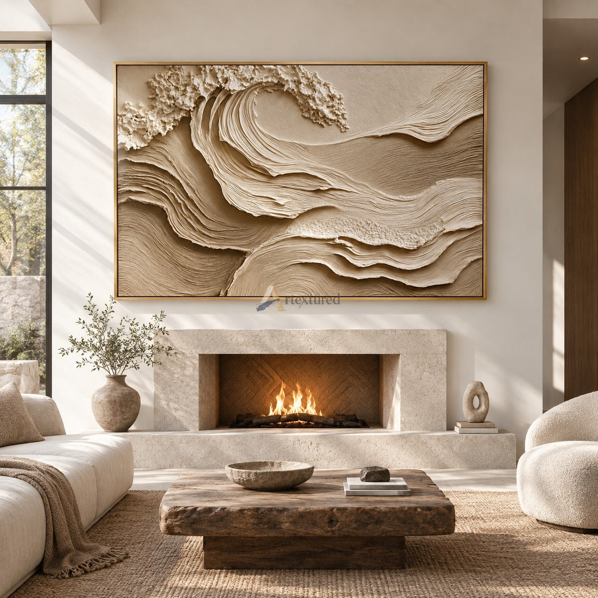 Quiet Tide — Hand-Painted Ivory Sculptural Ocean Wave Wall Art#CI260578