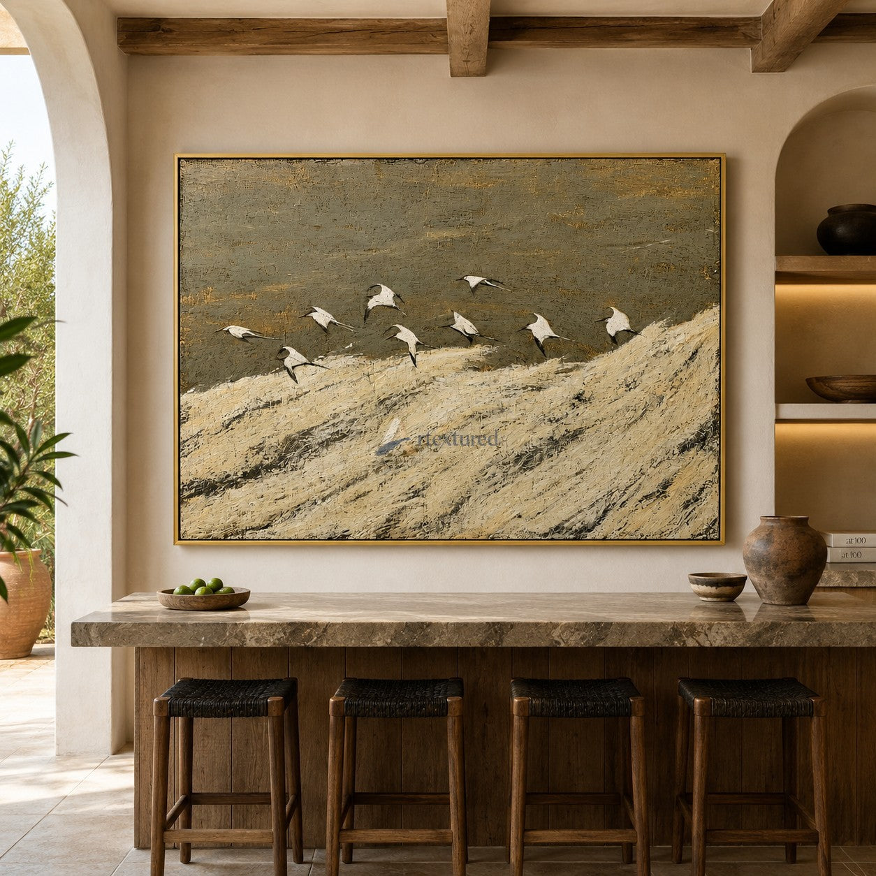 Golden Migration — Hand-Painted Textured Flying Birds Landscape Wall Art#CI260579