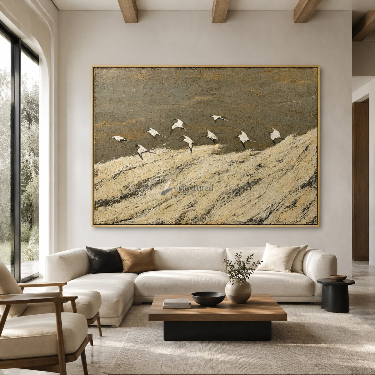 Golden Migration — Hand-Painted Textured Flying Birds Landscape Wall Art#CI260579