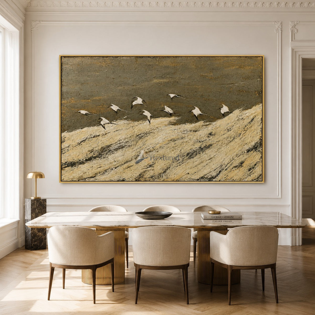 Golden Migration — Hand-Painted Textured Flying Birds Landscape Wall Art#CI260579