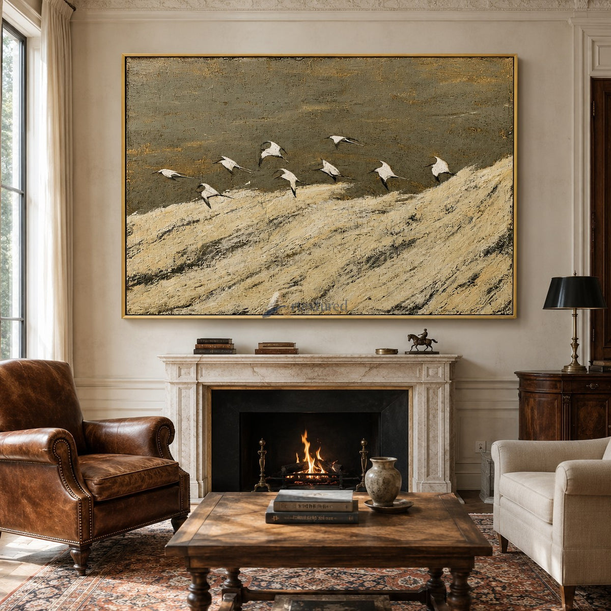 Golden Migration — Hand-Painted Textured Flying Birds Landscape Wall Art#CI260579