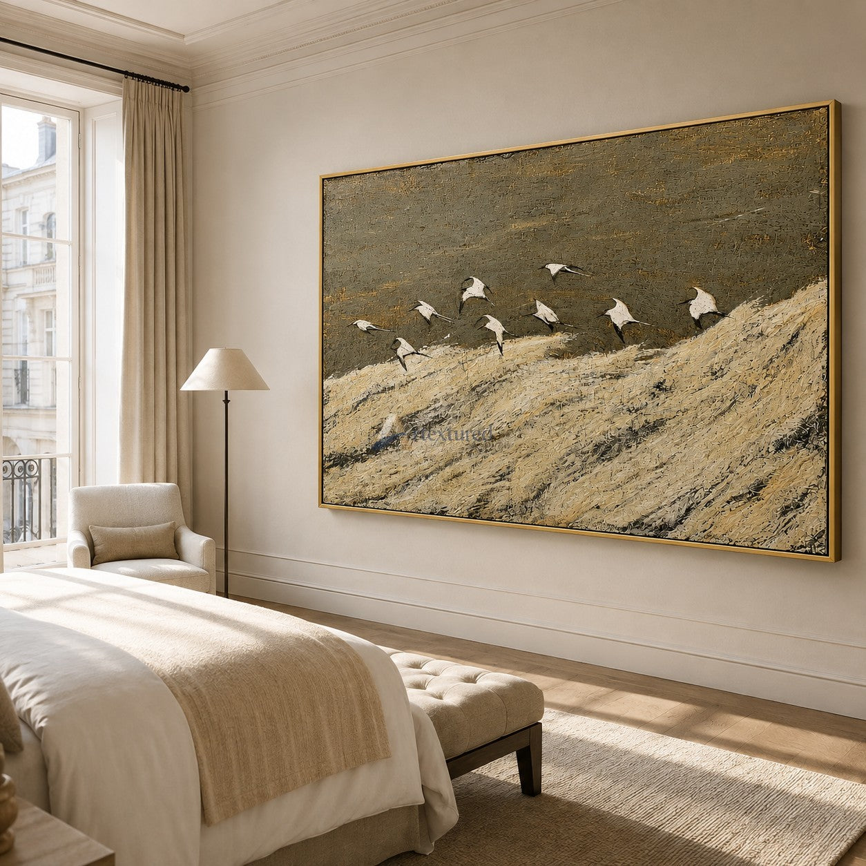 Golden Migration — Hand-Painted Textured Flying Birds Landscape Wall Art#CI260579