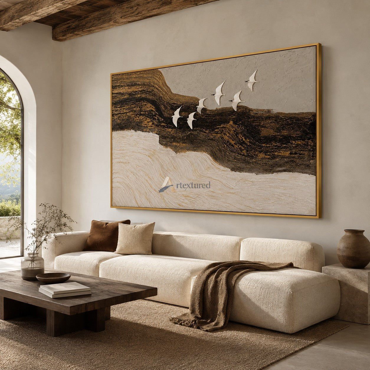 Flight Beyond — Hand-Painted Black, Gold and Ivory Textured Bird Wall Art#CI260580