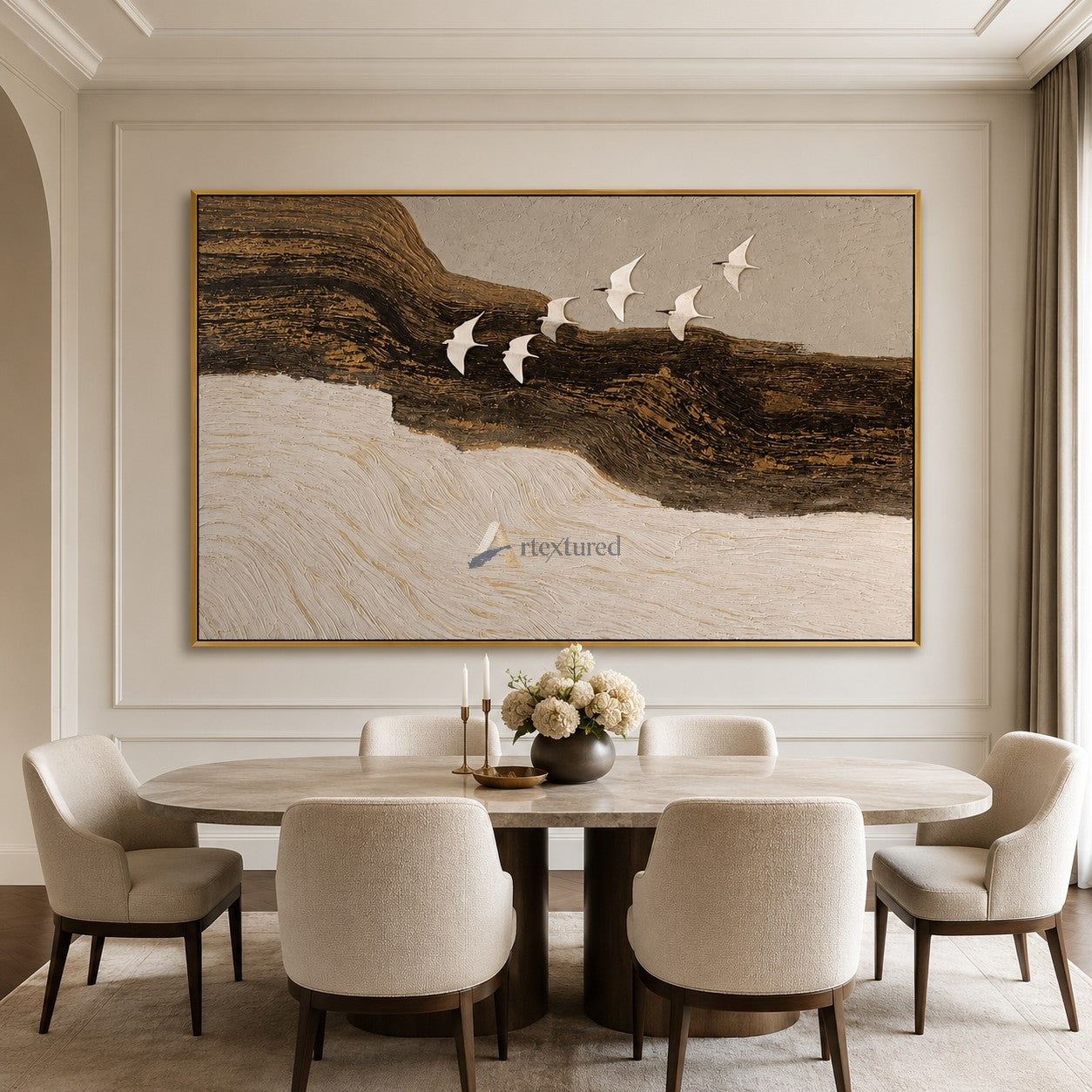 Flight Beyond — Hand-Painted Black, Gold and Ivory Textured Bird Wall Art#CI260580