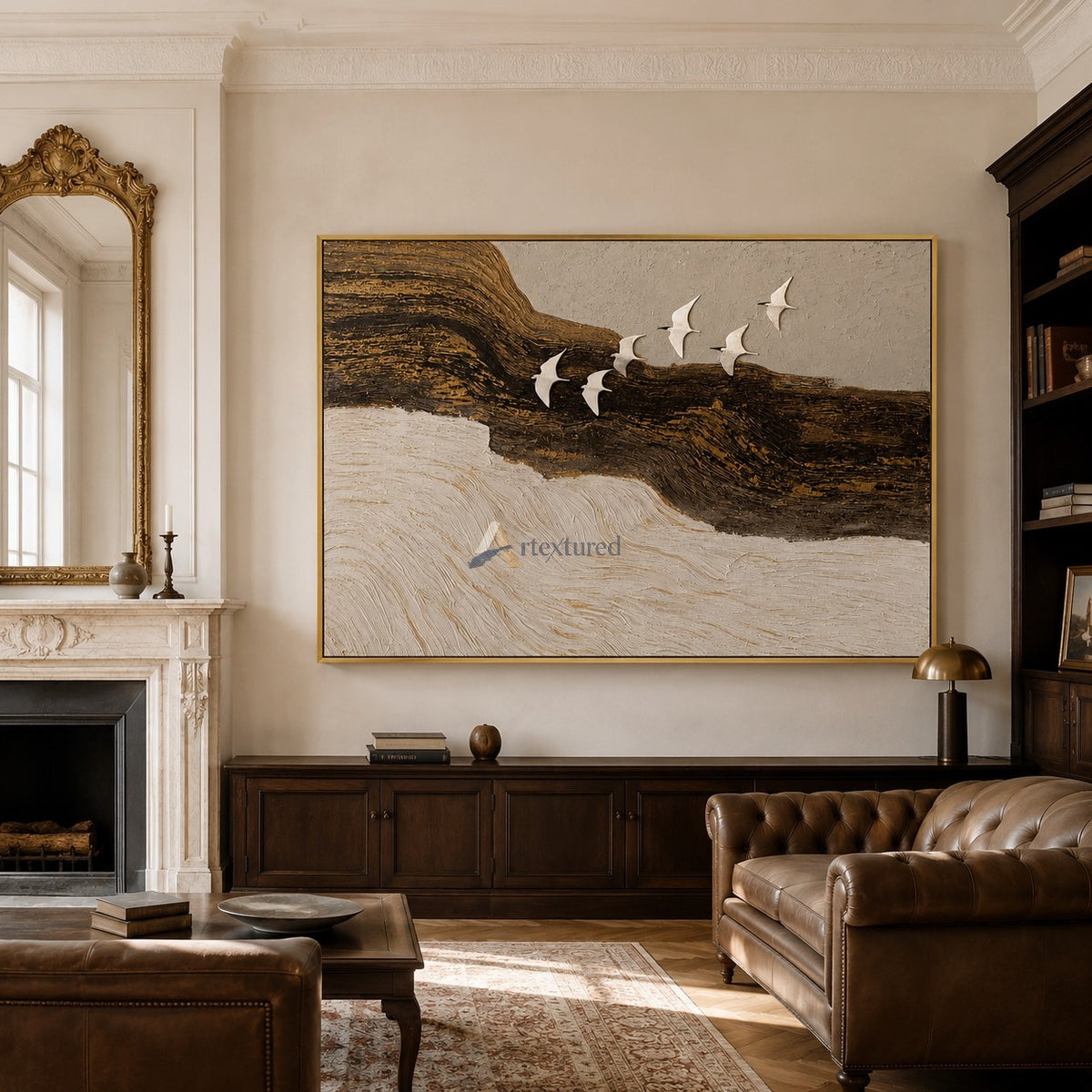 Flight Beyond — Hand-Painted Black, Gold and Ivory Textured Bird Wall Art#CI260580
