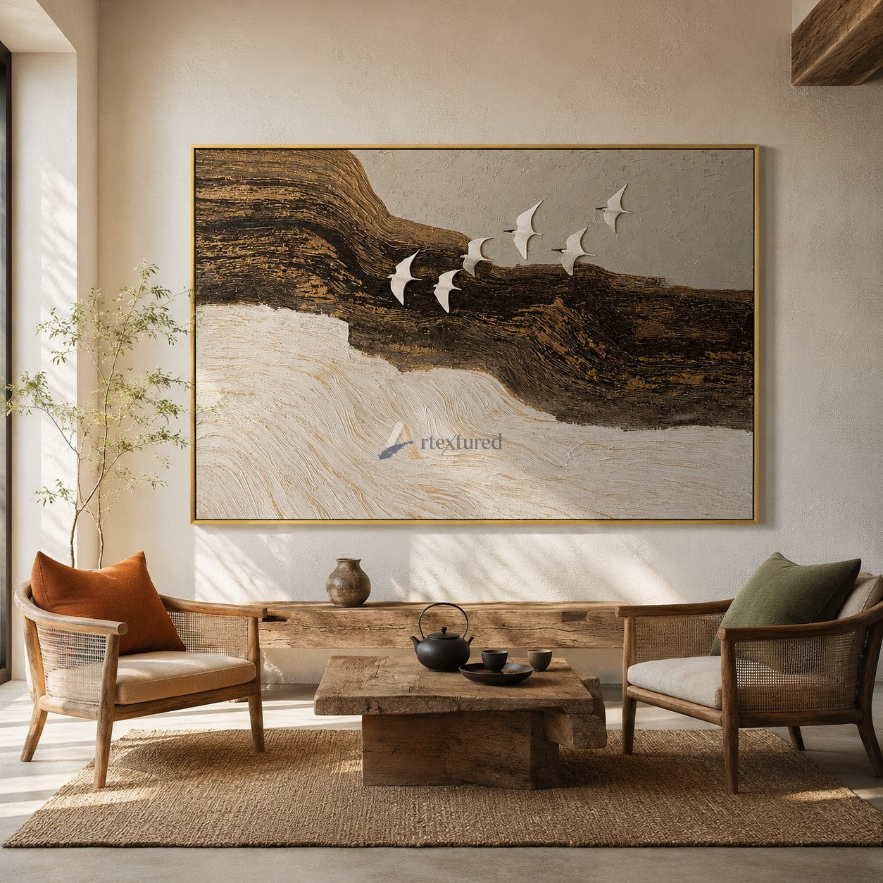 Flight Beyond — Hand-Painted Black, Gold and Ivory Textured Bird Wall Art#CI260580