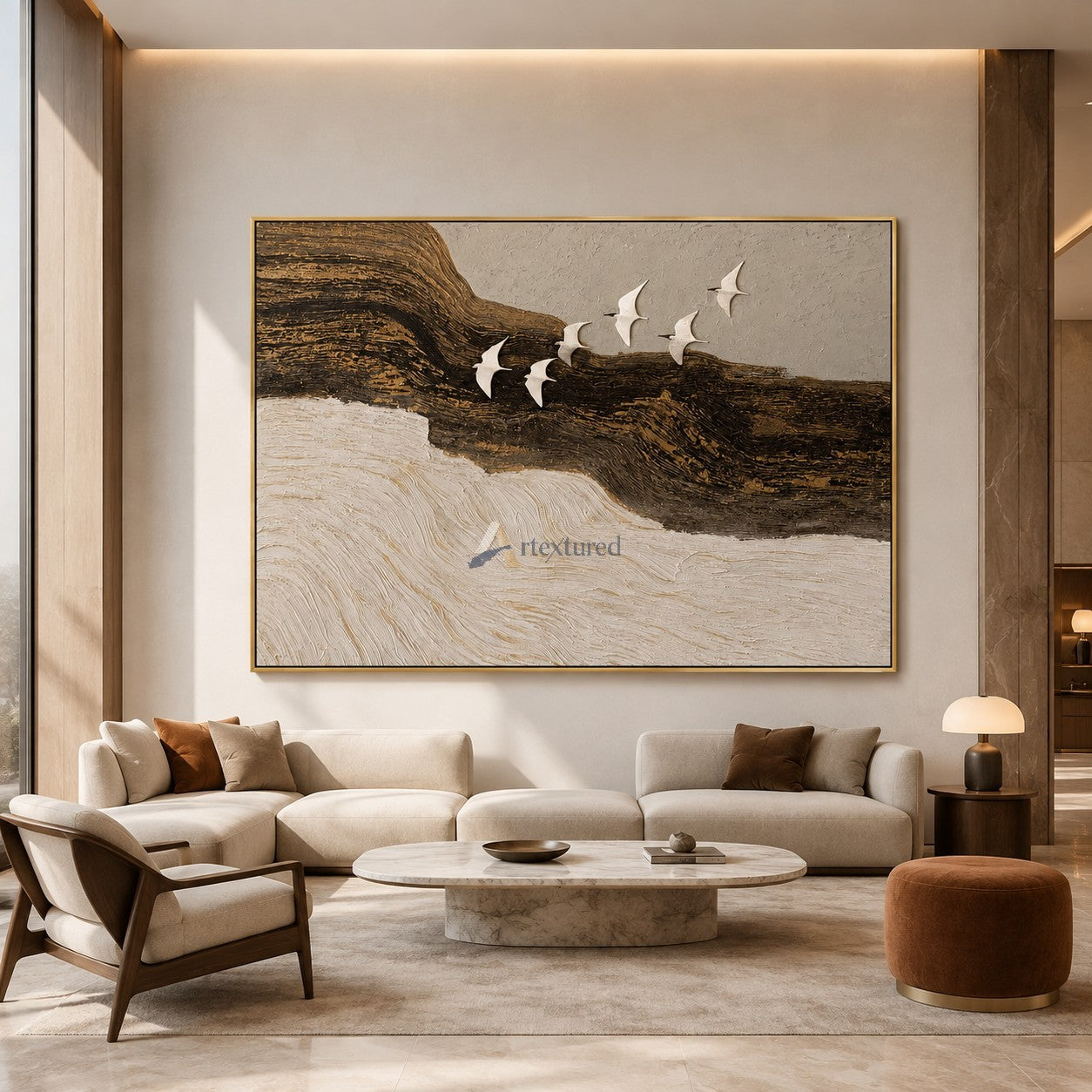 Flight Beyond — Hand-Painted Black, Gold and Ivory Textured Bird Wall Art#CI260580