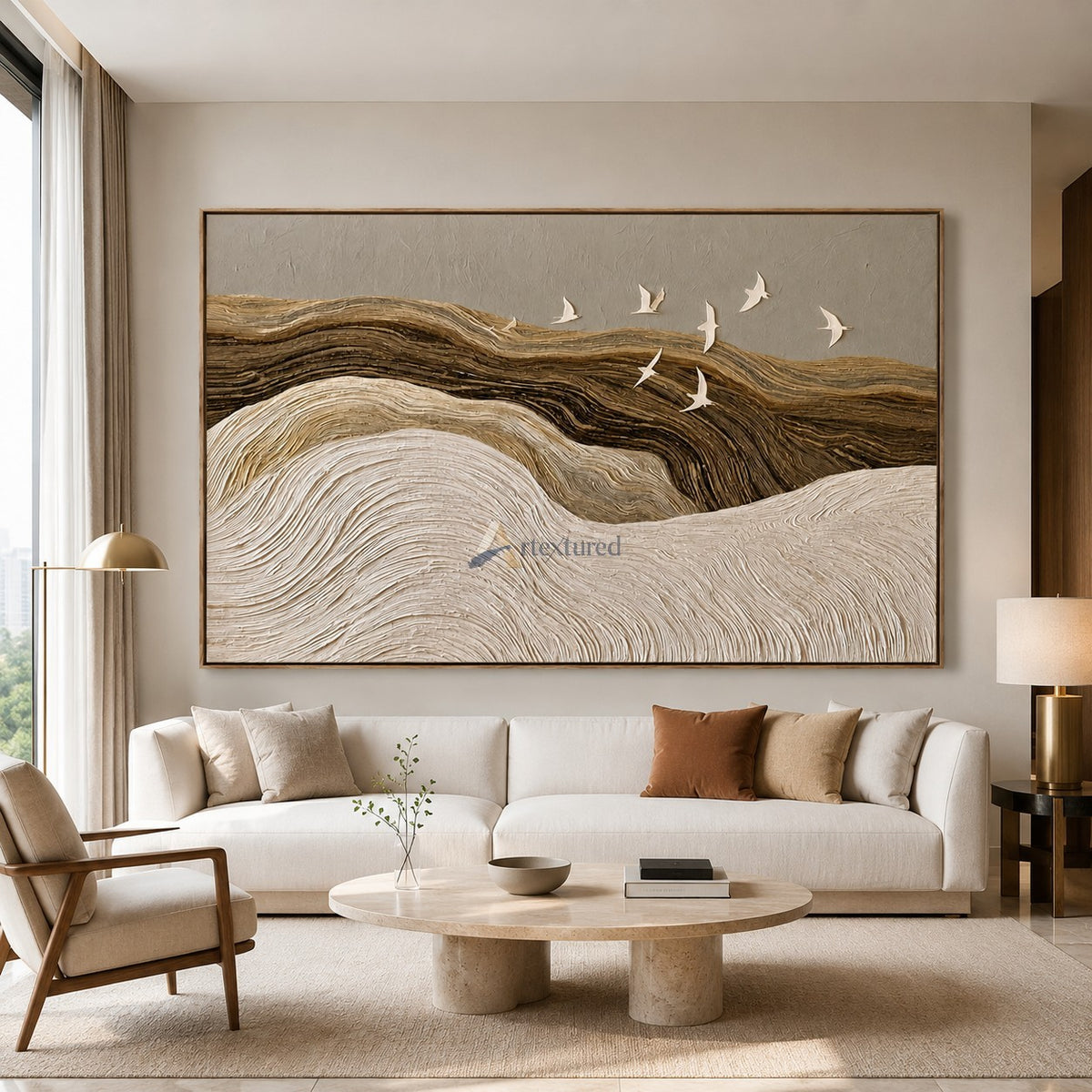 Silent Passage — Hand-Painted Neutral Textured Landscape and Flying Birds Wall Art#CI260581