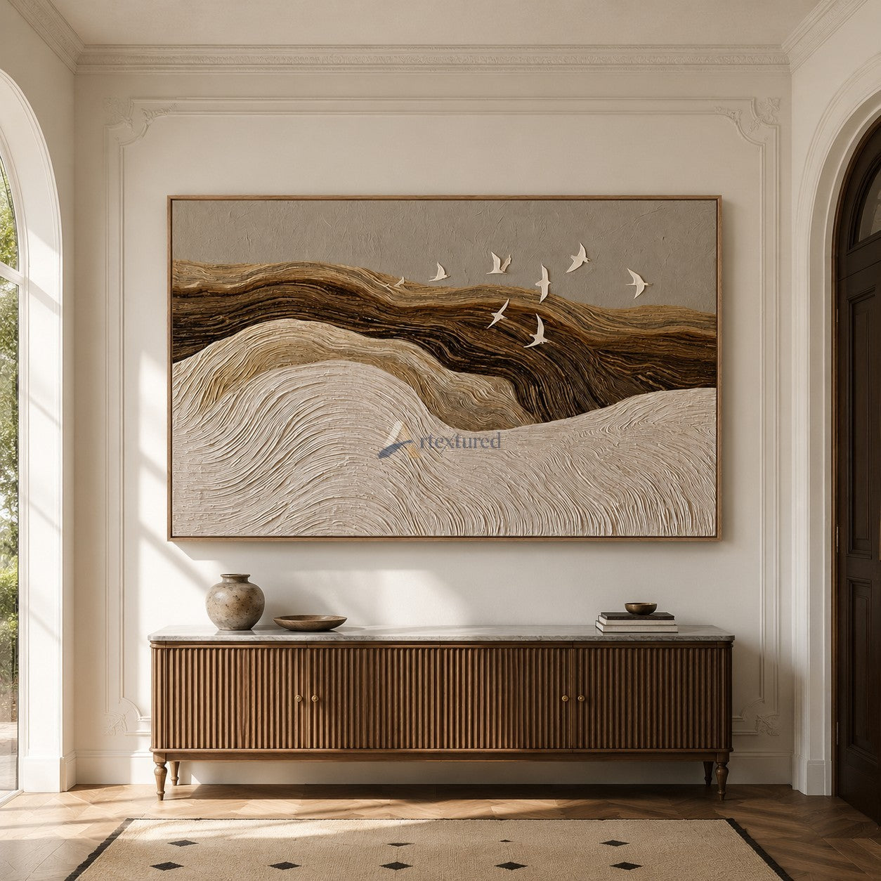 Silent Passage — Hand-Painted Neutral Textured Landscape and Flying Birds Wall Art#CI260581