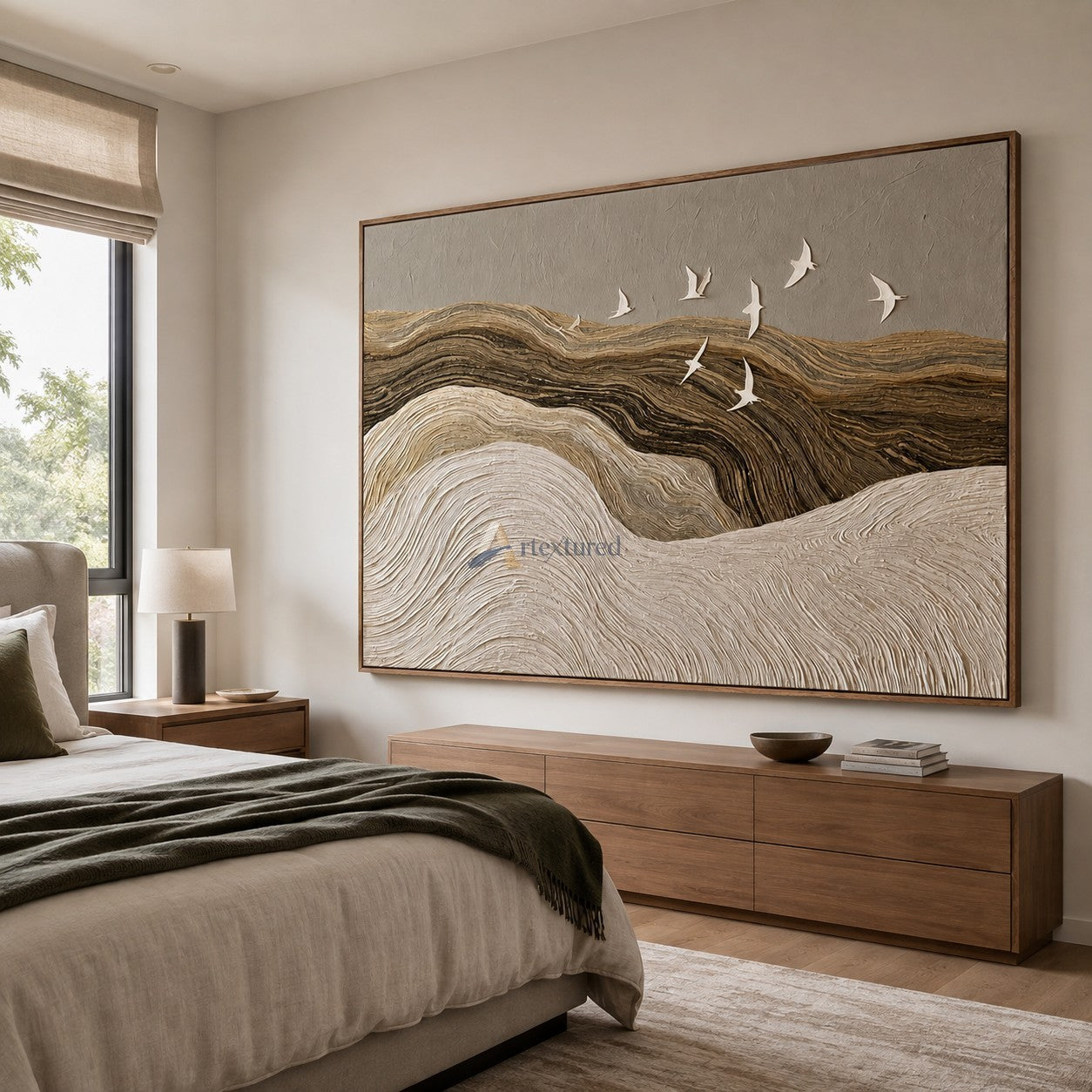 Silent Passage — Hand-Painted Neutral Textured Landscape and Flying Birds Wall Art#CI260581