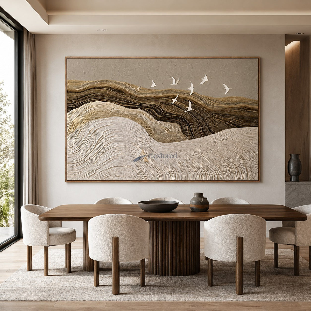 Silent Passage — Hand-Painted Neutral Textured Landscape and Flying Birds Wall Art#CI260581
