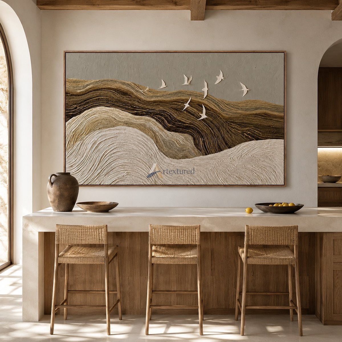 Silent Passage — Hand-Painted Neutral Textured Landscape and Flying Birds Wall Art#CI260581