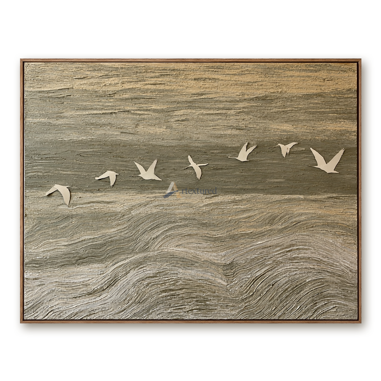 Coastal Flight — Hand-Painted Neutral Textured Seascape and Flying Birds Wall Art#CI260582