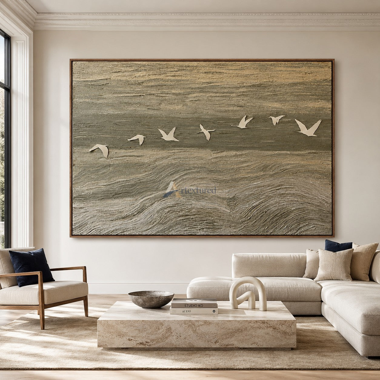 Coastal Flight — Hand-Painted Neutral Textured Seascape and Flying Birds Wall Art#CI260582