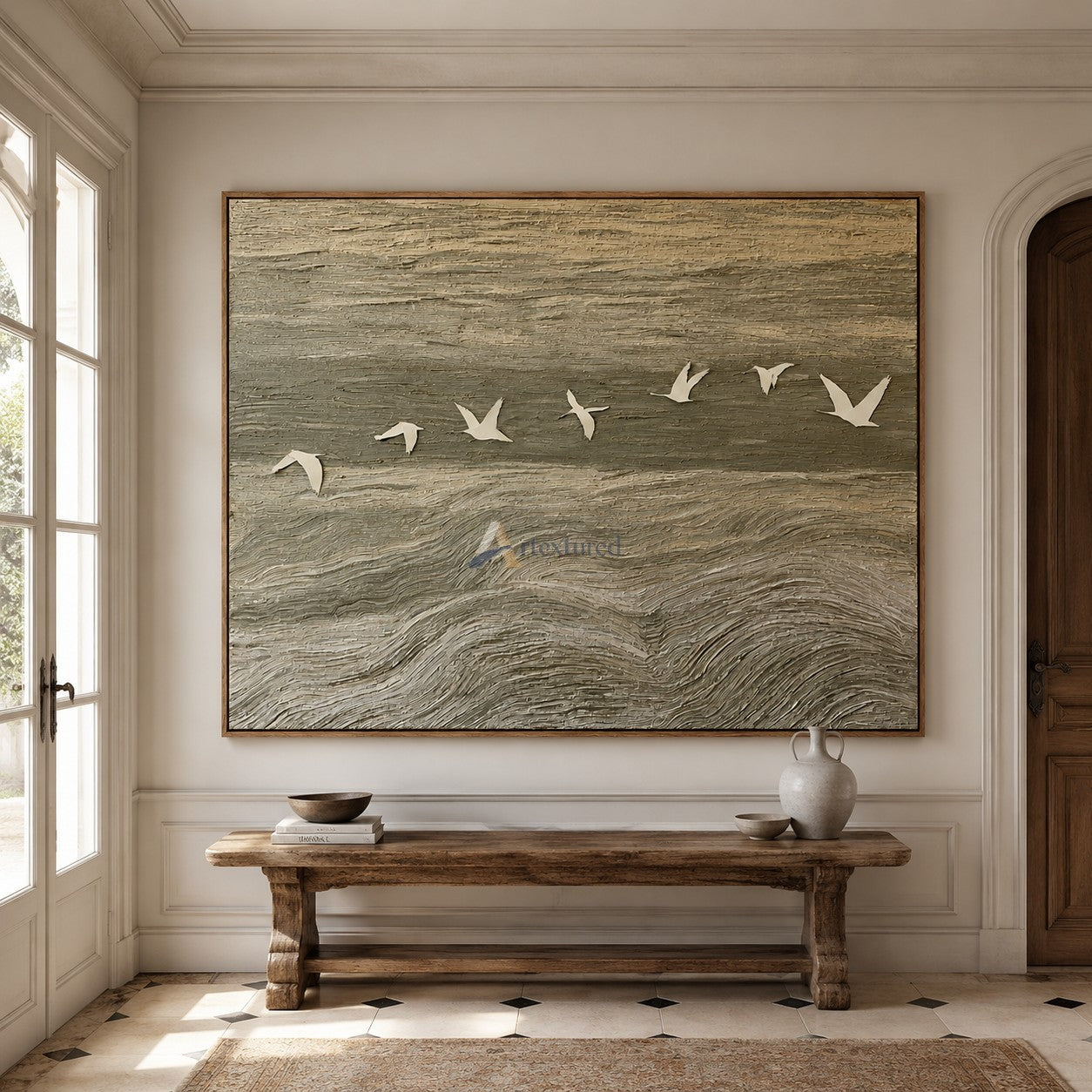 Coastal Flight — Hand-Painted Neutral Textured Seascape and Flying Birds Wall Art#CI260582