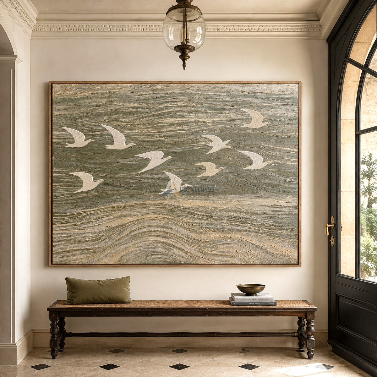 Wings Across the Tide — Neutral Textured Flying Birds Wall Art#CI260583