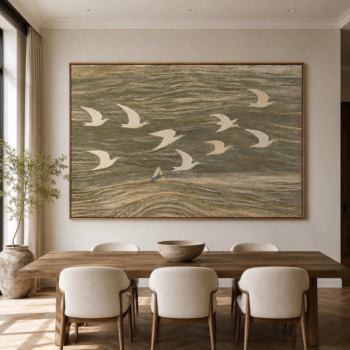 Wings Across the Tide — Neutral Textured Flying Birds Wall Art#CI260583