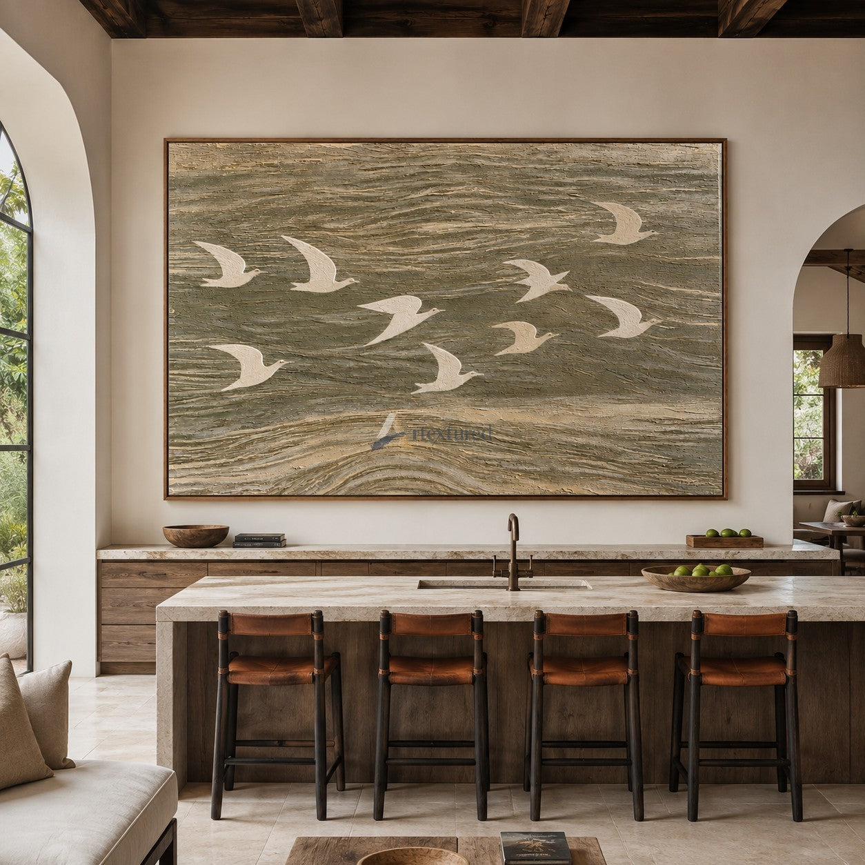 Wings Across the Tide — Neutral Textured Flying Birds Wall Art#CI260583