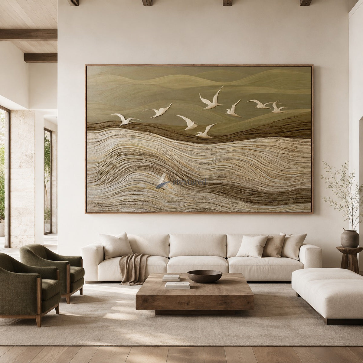 Beyond the Quiet Hills — Neutral Textured Landscape and Flying Birds Wall Art#CI260584