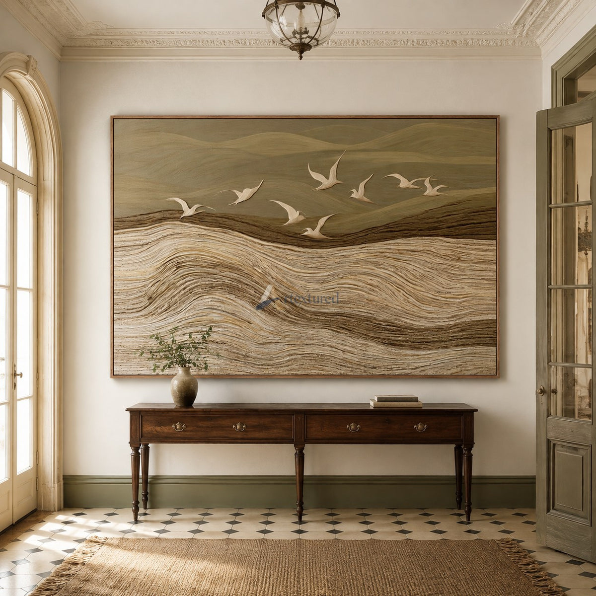 Beyond the Quiet Hills — Neutral Textured Landscape and Flying Birds Wall Art#CI260584