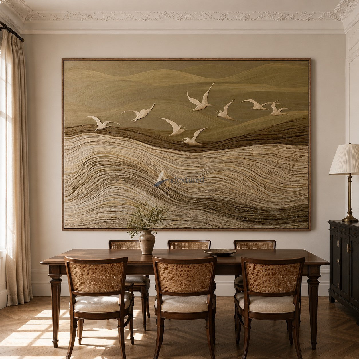 Beyond the Quiet Hills — Neutral Textured Landscape and Flying Birds Wall Art#CI260584