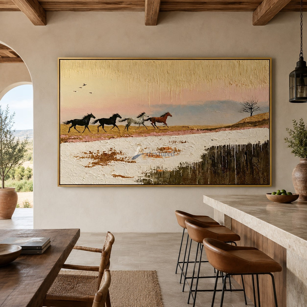 Run Into Dusk — Hand-Painted Textured Running Horses Wall Art#CI260585