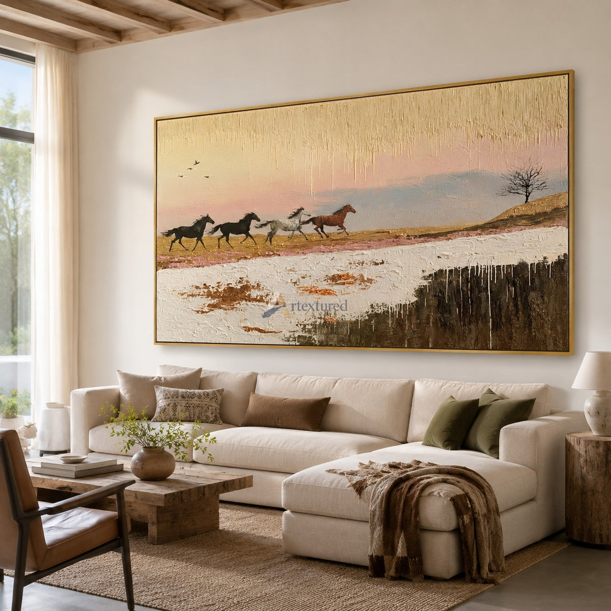 Run Into Dusk — Hand-Painted Textured Running Horses Wall Art#CI260585