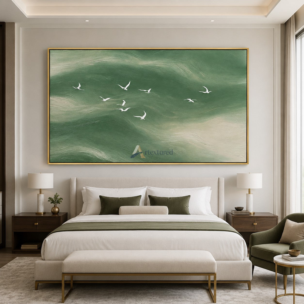 Emerald Passage — Green Textured Flying Birds Wall Art#CI260586