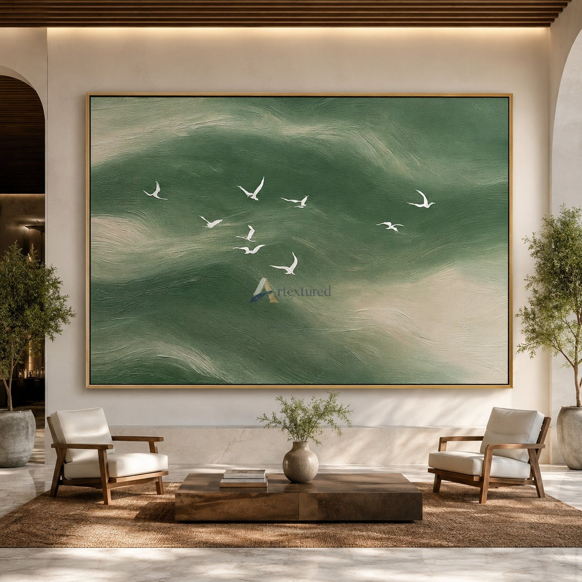 Emerald Passage — Green Textured Flying Birds Wall Art#CI260586