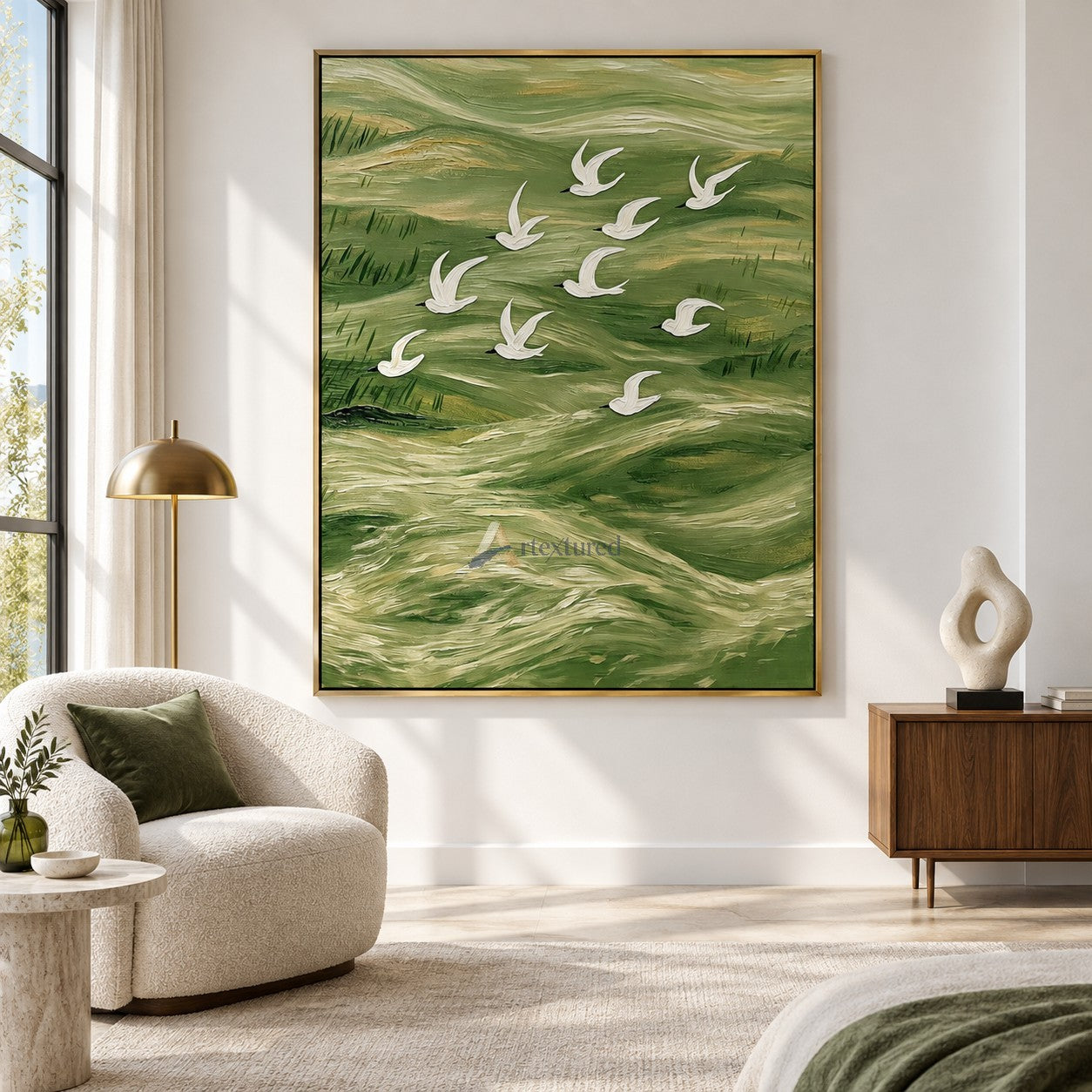 Flight Over Emerald Waters — Green Textured Flying Birds Wall Art#CI260587