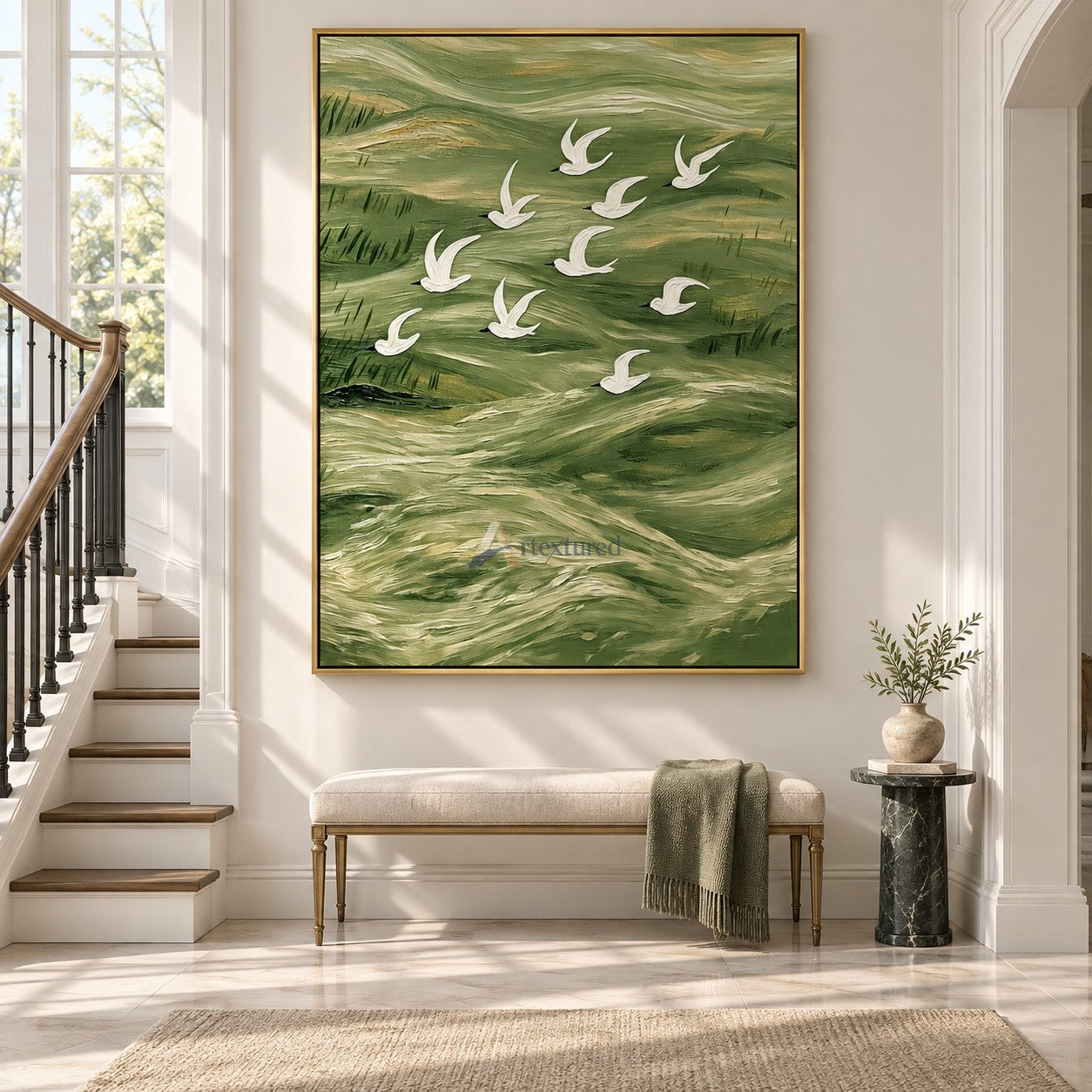 Flight Over Emerald Waters — Green Textured Flying Birds Wall Art#CI260587