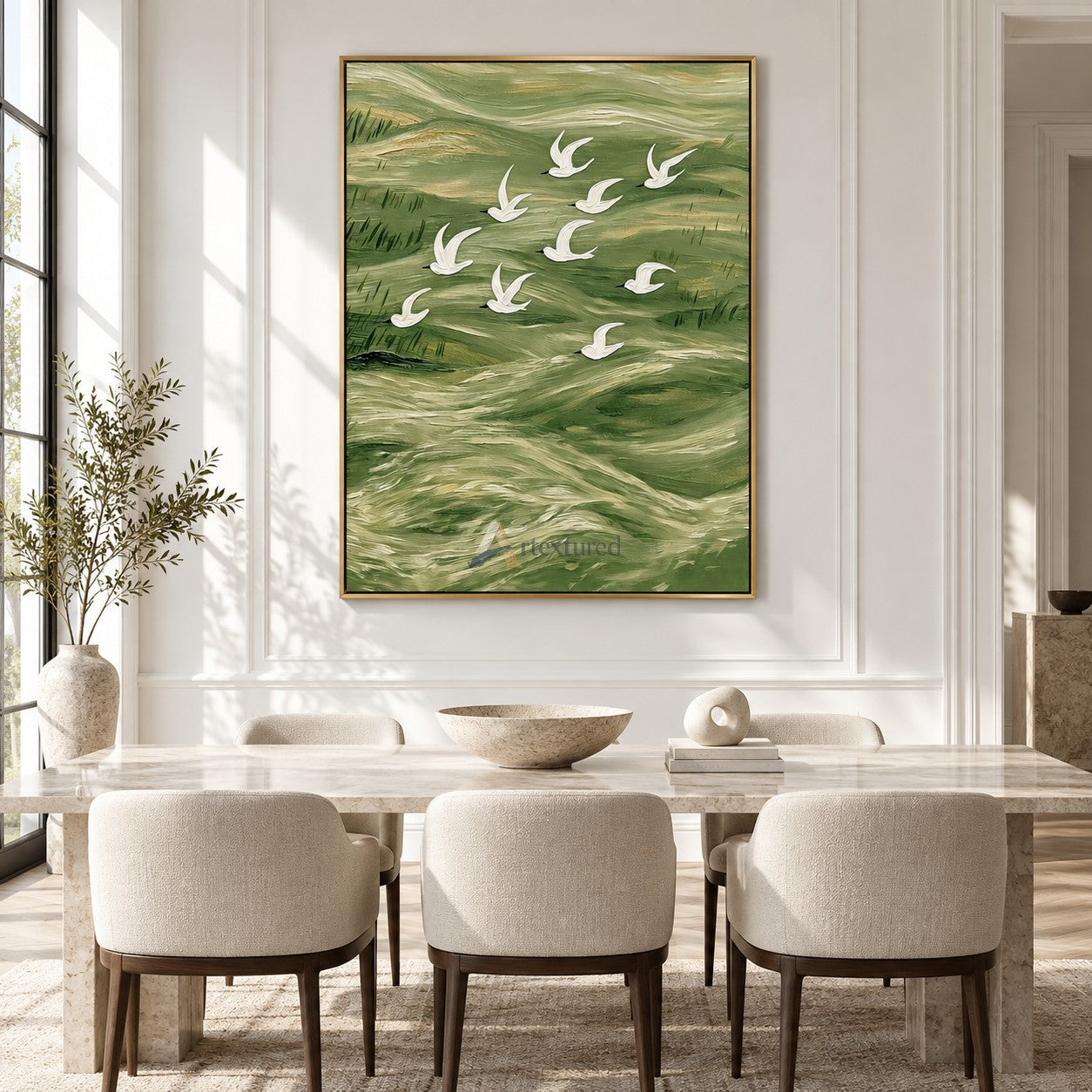 Flight Over Emerald Waters — Green Textured Flying Birds Wall Art#CI260587