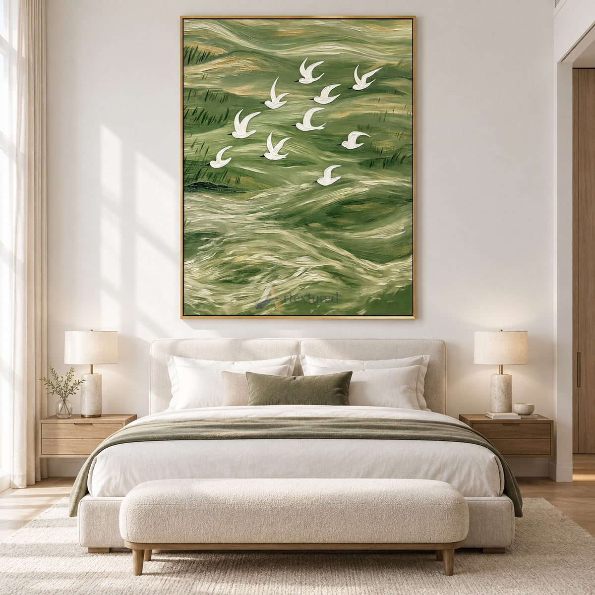 Flight Over Emerald Waters — Green Textured Flying Birds Wall Art#CI260587