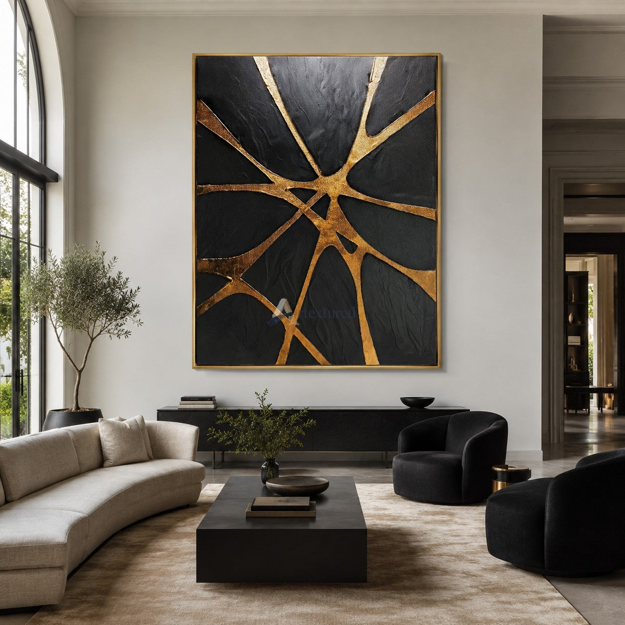 Golden Convergence — Black and Gold Textured Abstract Wall Art#CI260588