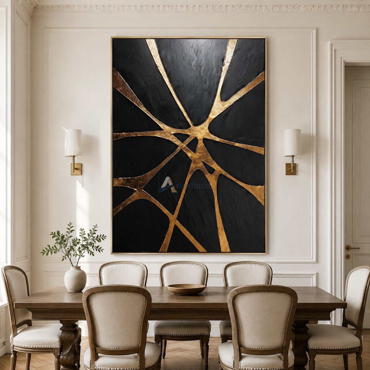 Golden Convergence — Black and Gold Textured Abstract Wall Art#CI260588