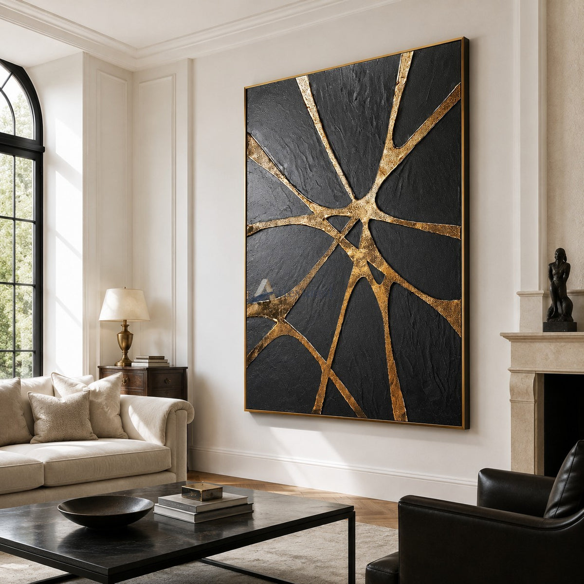 Golden Convergence — Black and Gold Textured Abstract Wall Art#CI260588
