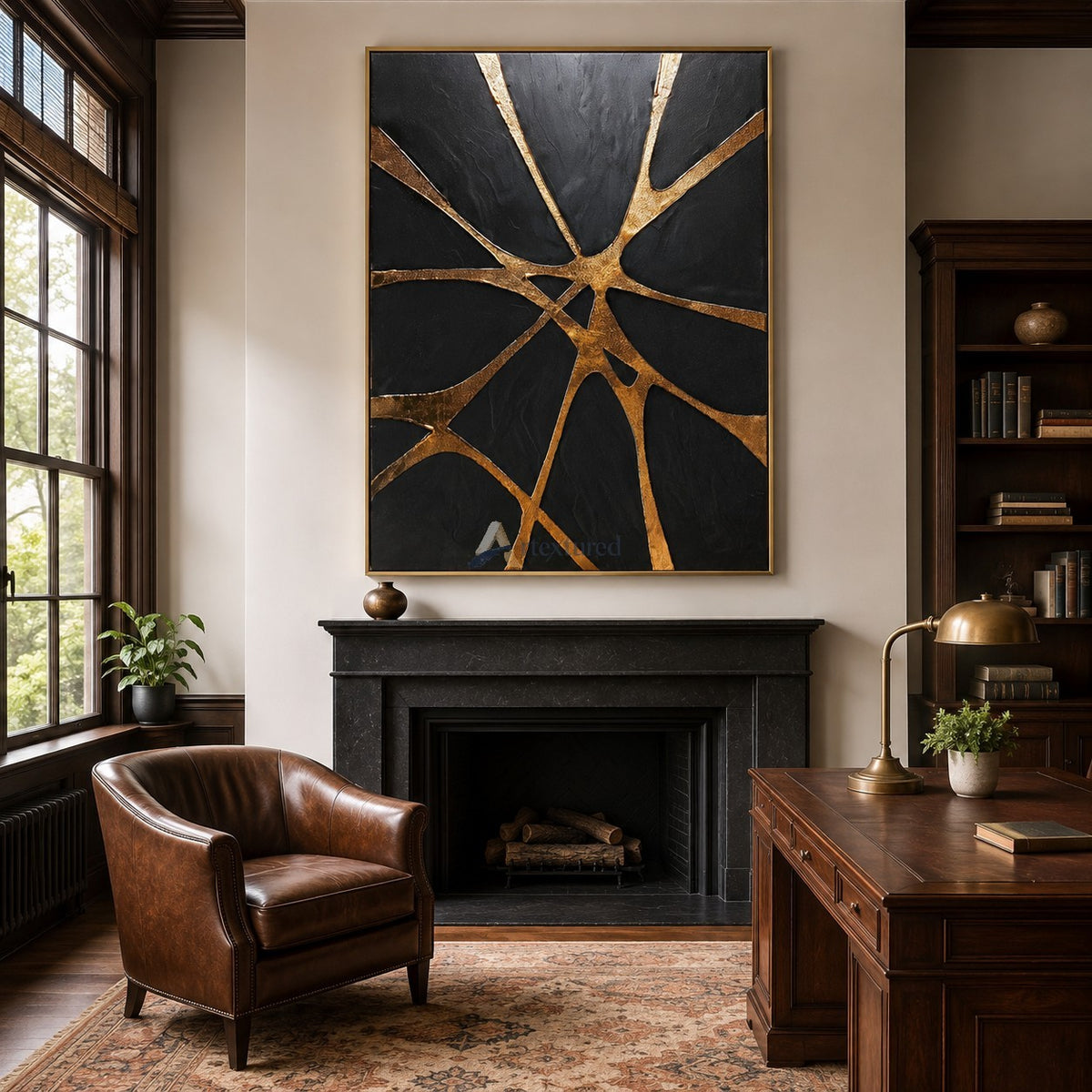 Golden Convergence — Black and Gold Textured Abstract Wall Art#CI260588