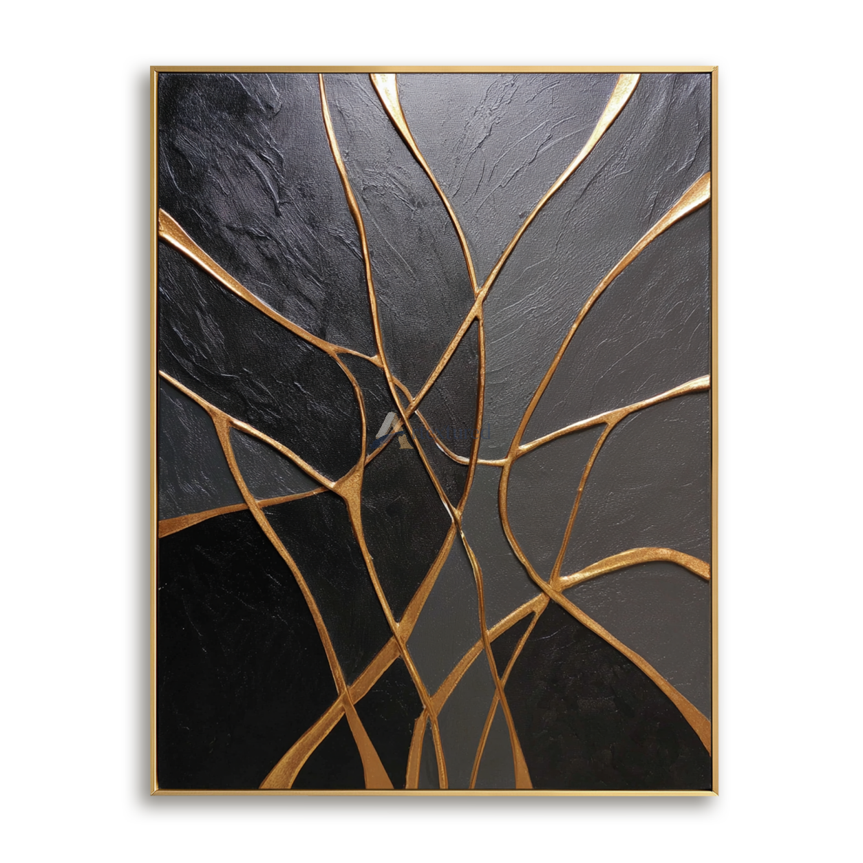 Gilded Connections — Black and Gold Textured Abstract Wall Art#CI260589