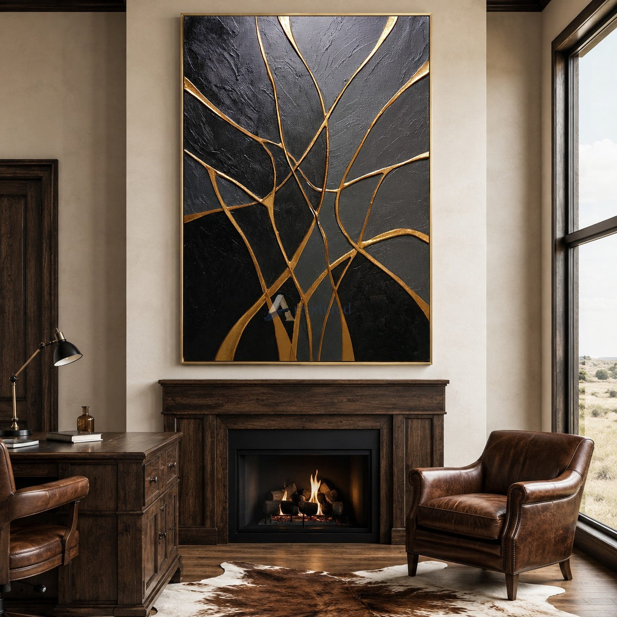 Gilded Connections — Black and Gold Textured Abstract Wall Art#CI260589