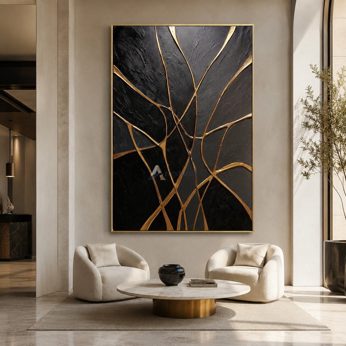 Gilded Connections — Black and Gold Textured Abstract Wall Art#CI260589