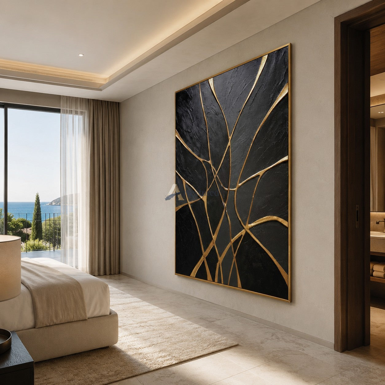 Gilded Connections — Black and Gold Textured Abstract Wall Art#CI260589
