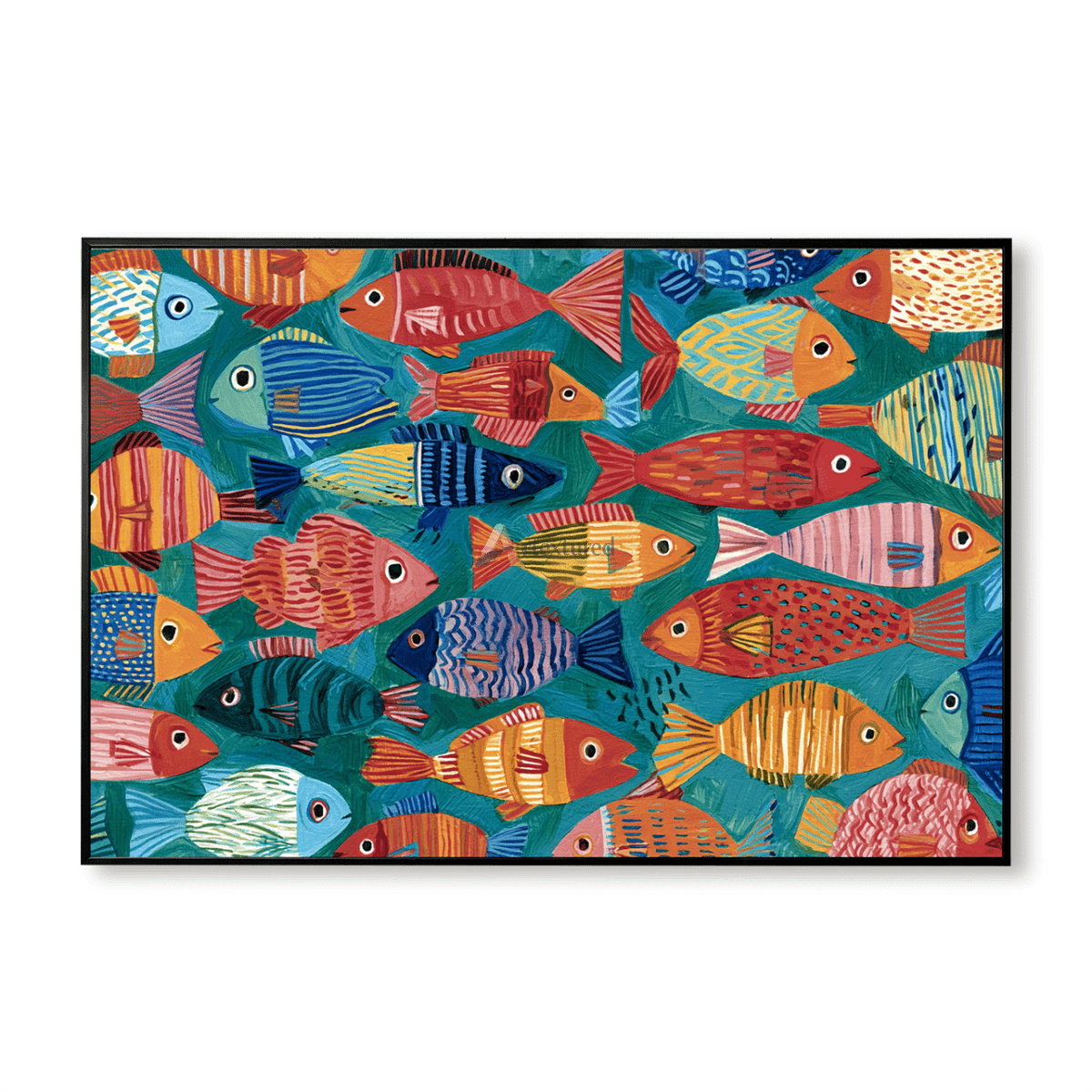 Colorful Fish Wall Art – Folk Art Style on Teal#CI260625