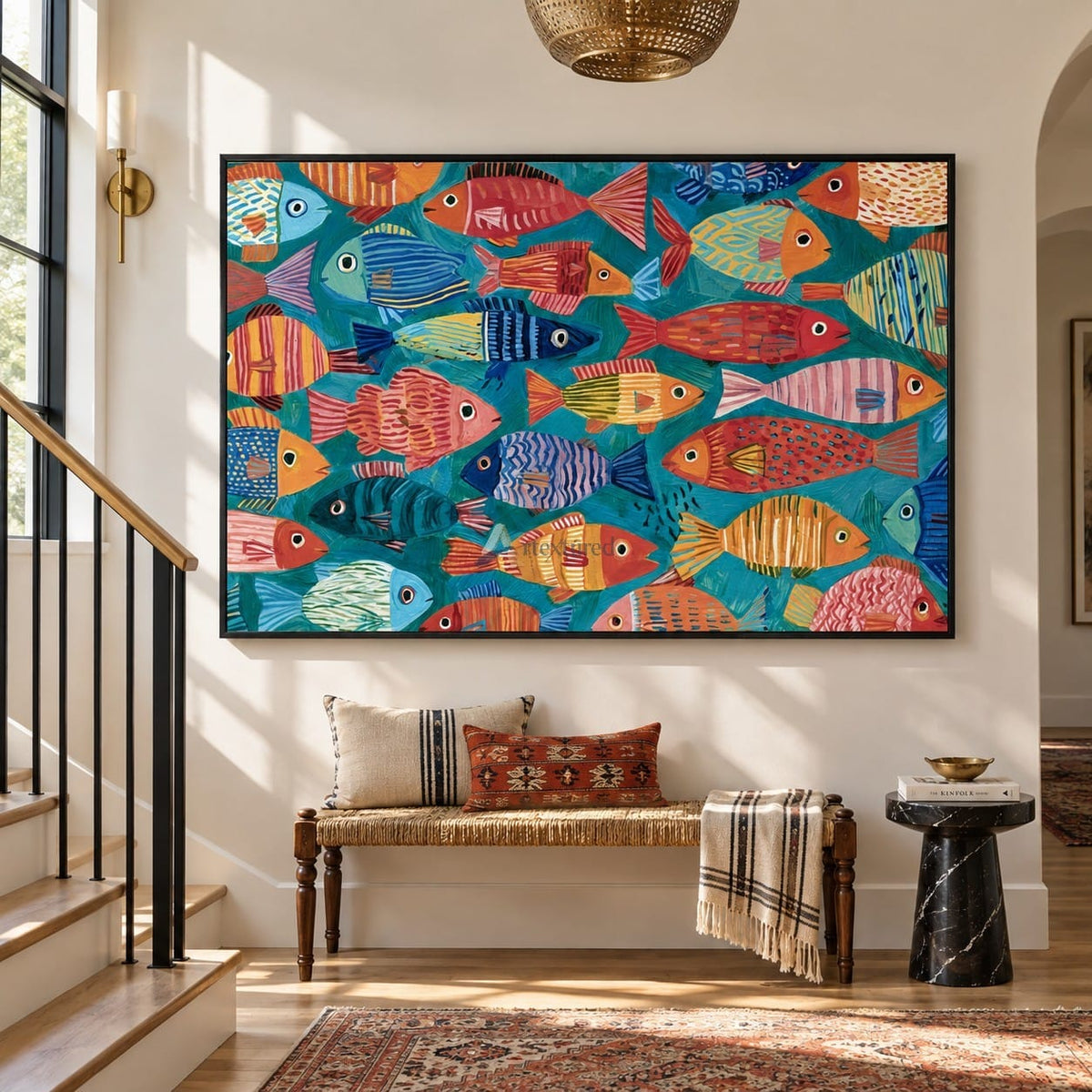 texture Colorful Fish Wall Art – Folk Art Style on Teal#CI260625